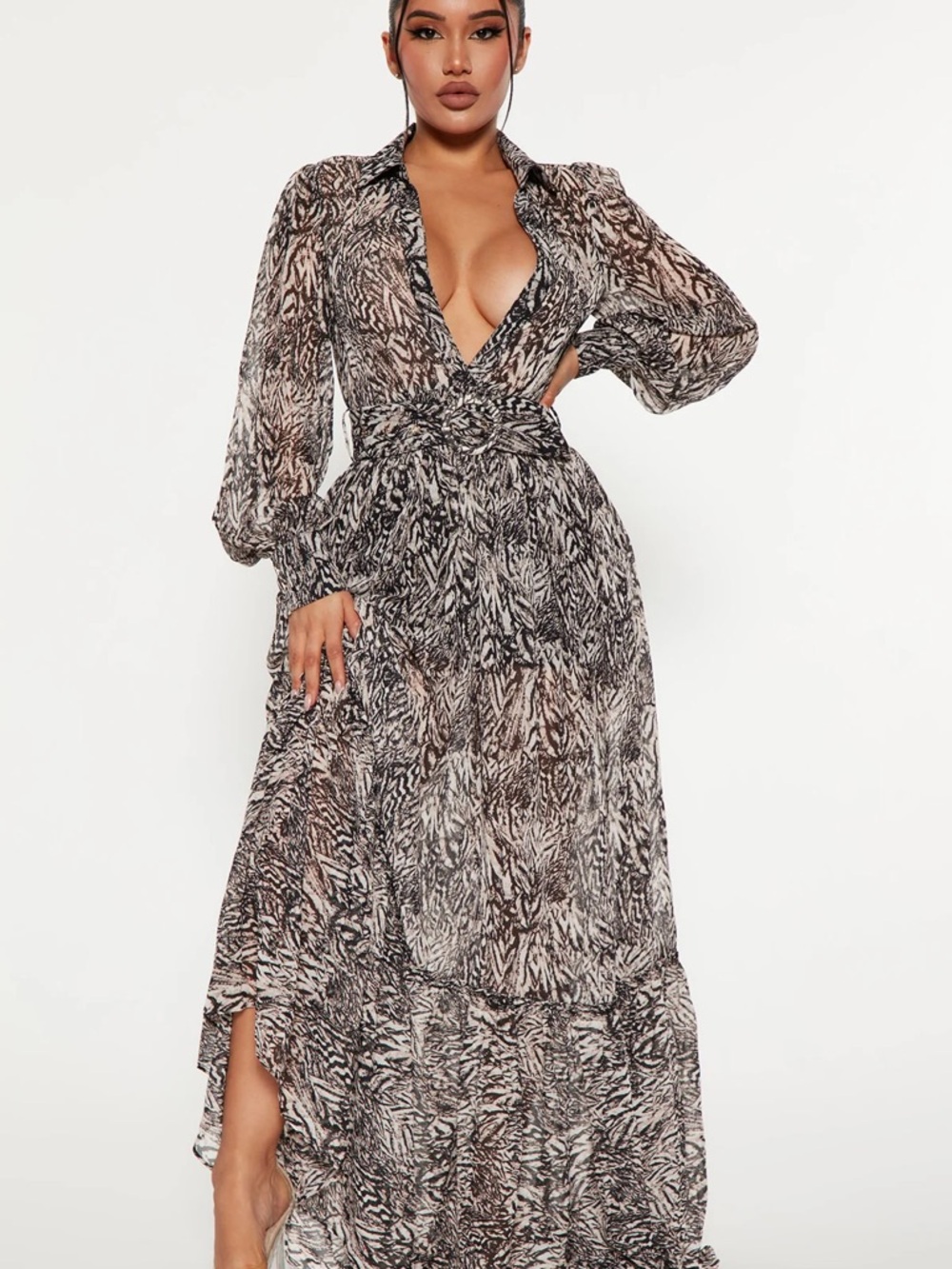 Fashion Nova Latecia Black & Cream Printed Sheer Maxi Dress